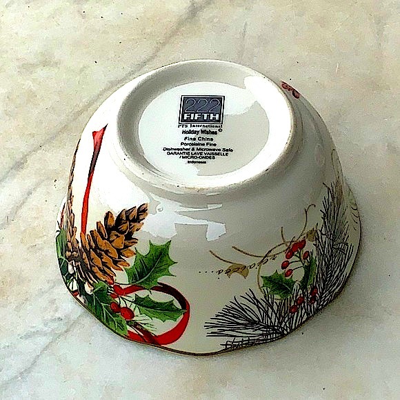 222 FIFTH HOLIDAY WISHES BOWL SOUP CEREAL 5 3/4TH INCH NEW RED CARDINAL PINE NEW - Picture 6 of 7